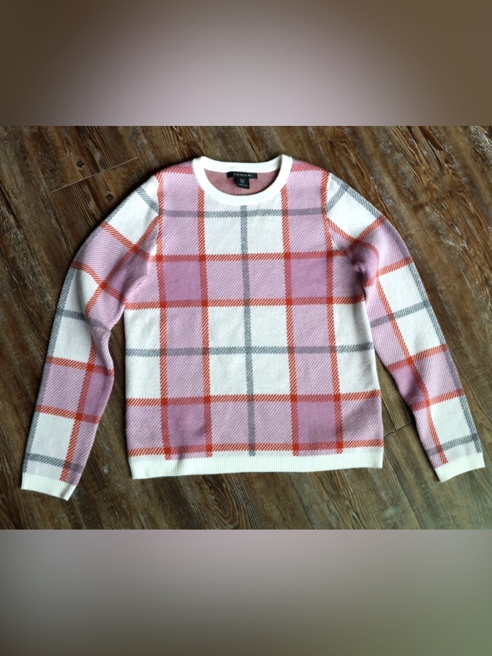 Tahari Pink Plaid Crewneck Sweater Preppy Academia Rayon Blend Womens Medium